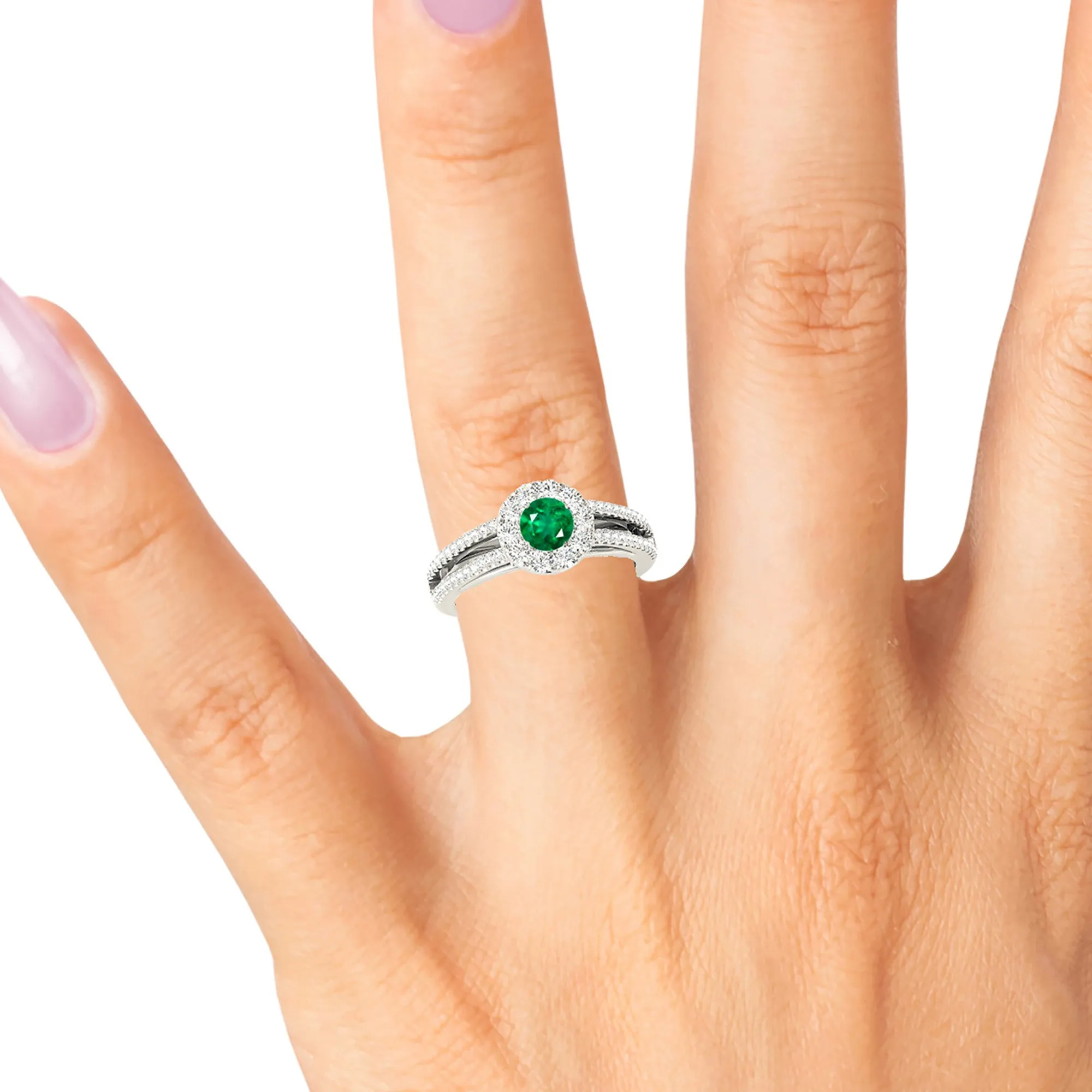0.85 ct. Genuine Emerald Ring With Halo And Split Band