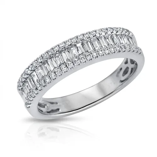 0.95 CARAT BAGUETTE CUT AND ROUND BRILLIANT DIAMOND 3/4 RING 14KT WHITE GOLD
