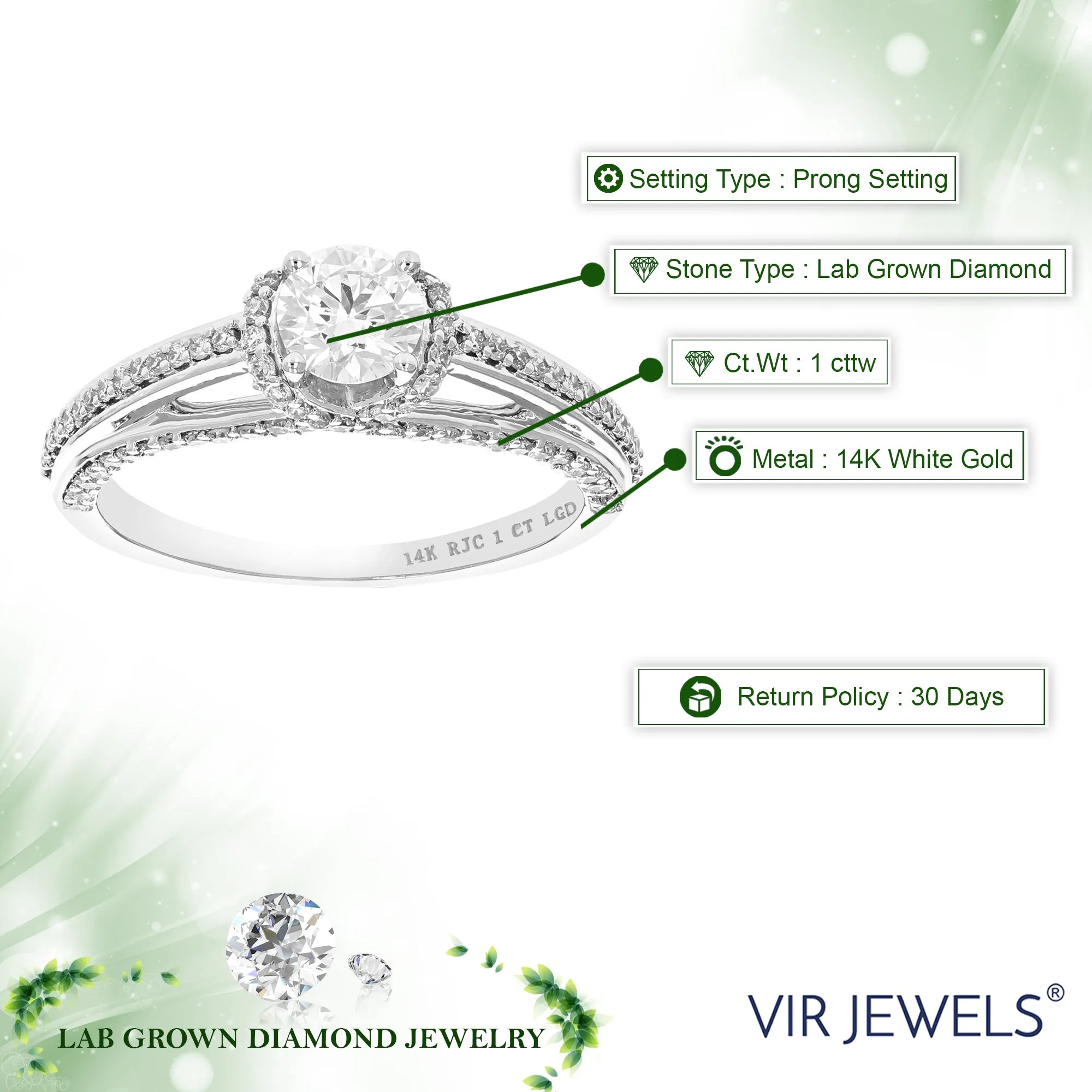 1 cttw Lab Grown Diamond Engagement Rings in 14K White Gold
