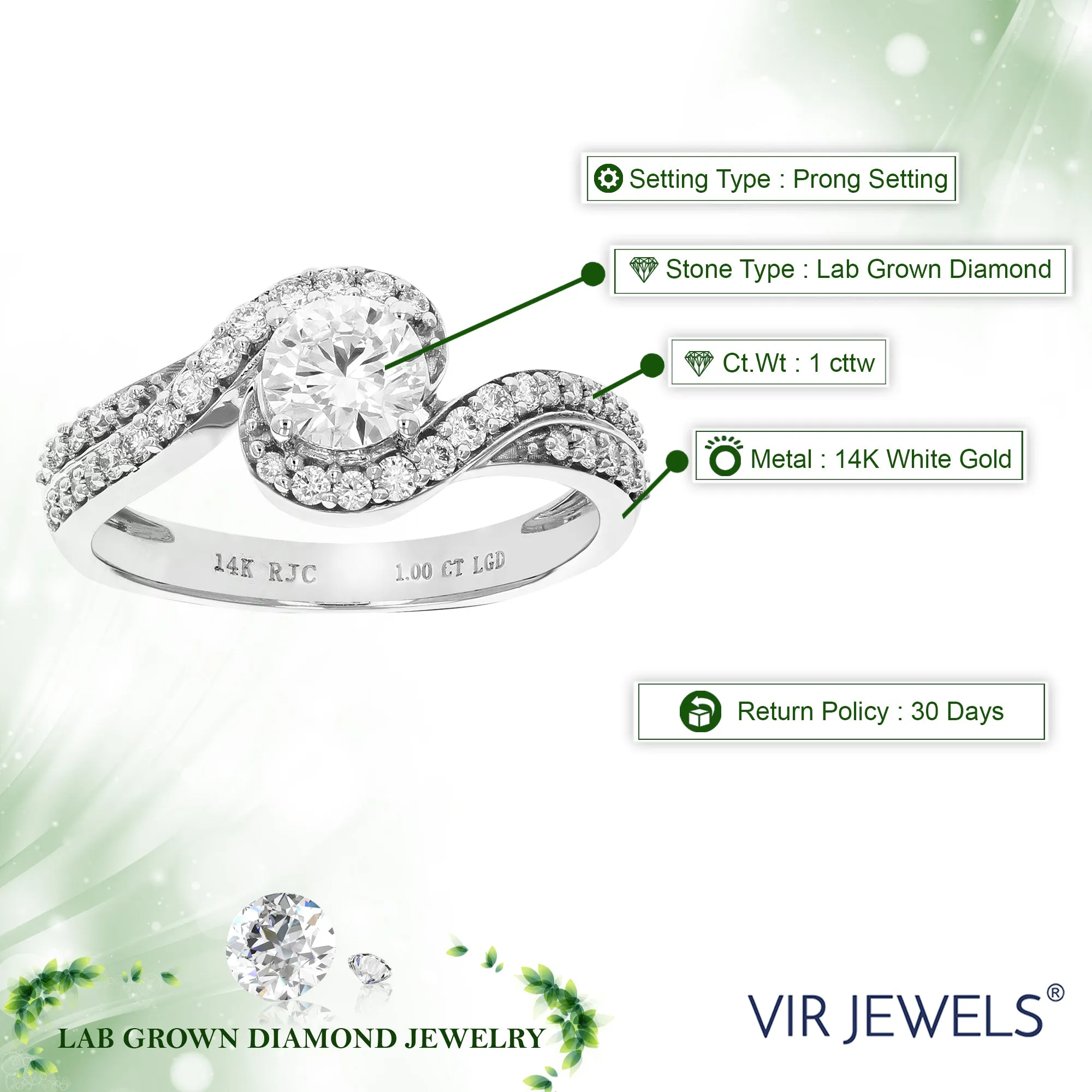 1 cttw Lab Grown Diamond Halo Engagement Rings in 14K White Gold