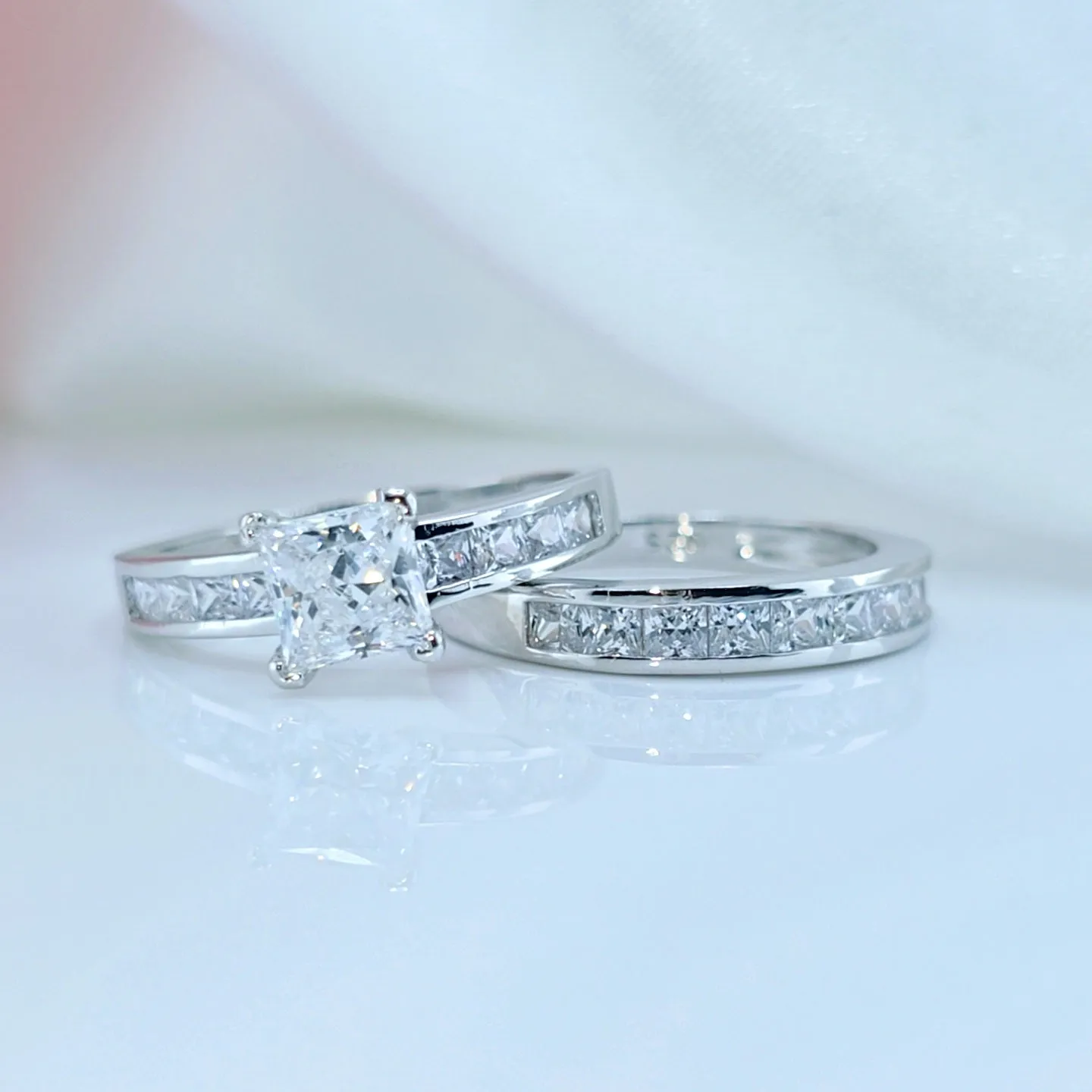 1.0 Ct Princess Cut Diamond Wedding Engagement Ring Set