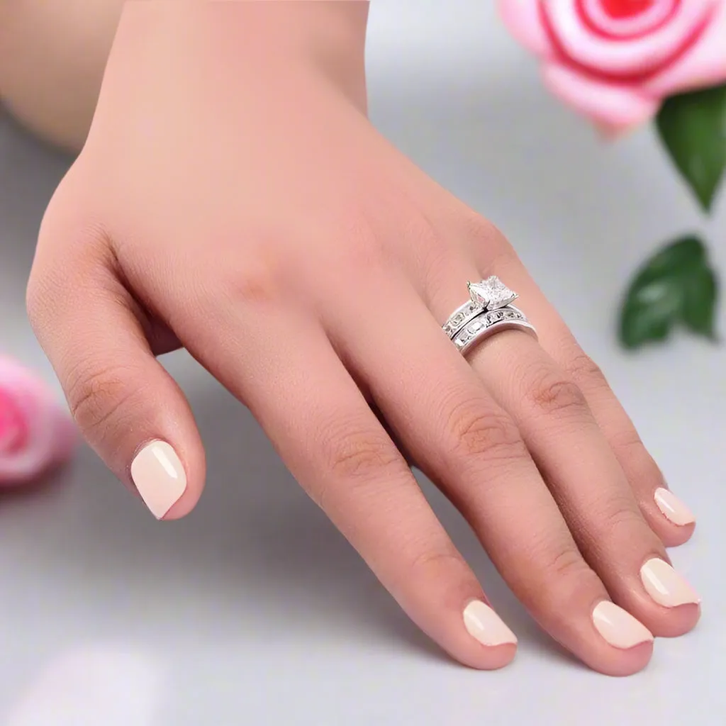 1.0 Ct Princess Cut Diamond Wedding Engagement Ring Set