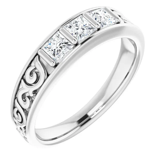1.0 ctw Bar Set Princess Diamond Men's Ring Filigree Accent