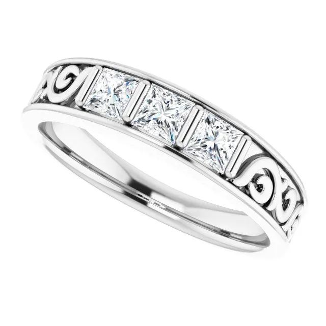 1.0 ctw Bar Set Princess Diamond Men's Ring Filigree Accent