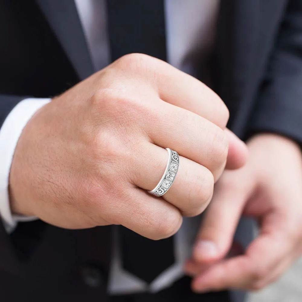 1.0 ctw Bar Set Princess Diamond Men's Ring Filigree Accent