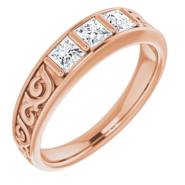 1.0 ctw Bar Set Princess Diamond Men's Ring Filigree Accent