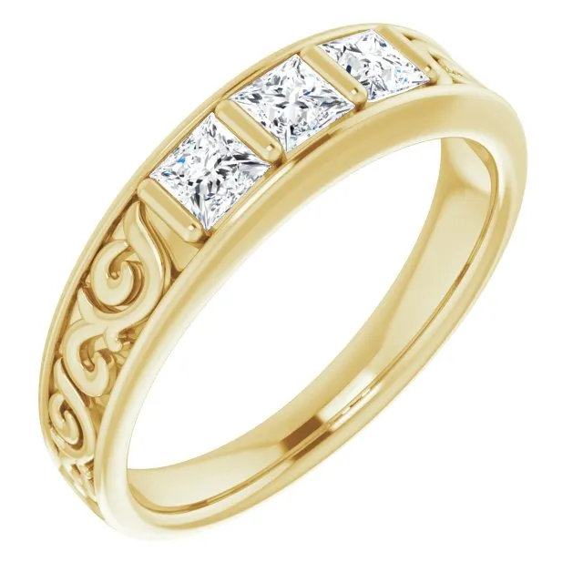 1.0 ctw Bar Set Princess Diamond Men's Ring Filigree Accent
