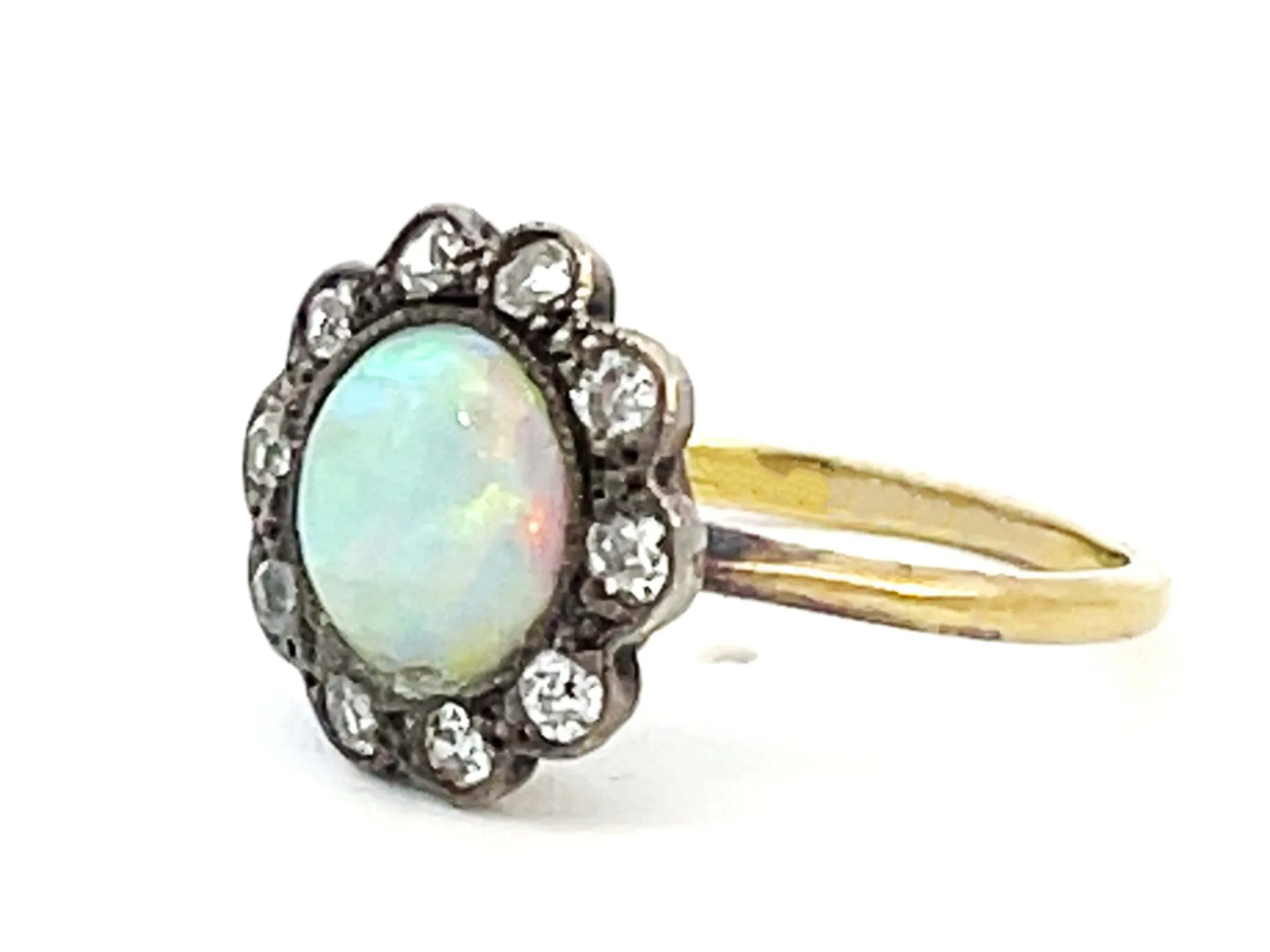 100 Year Old Antique Edwardian Era Opal and Diamond Flower Halo Ring