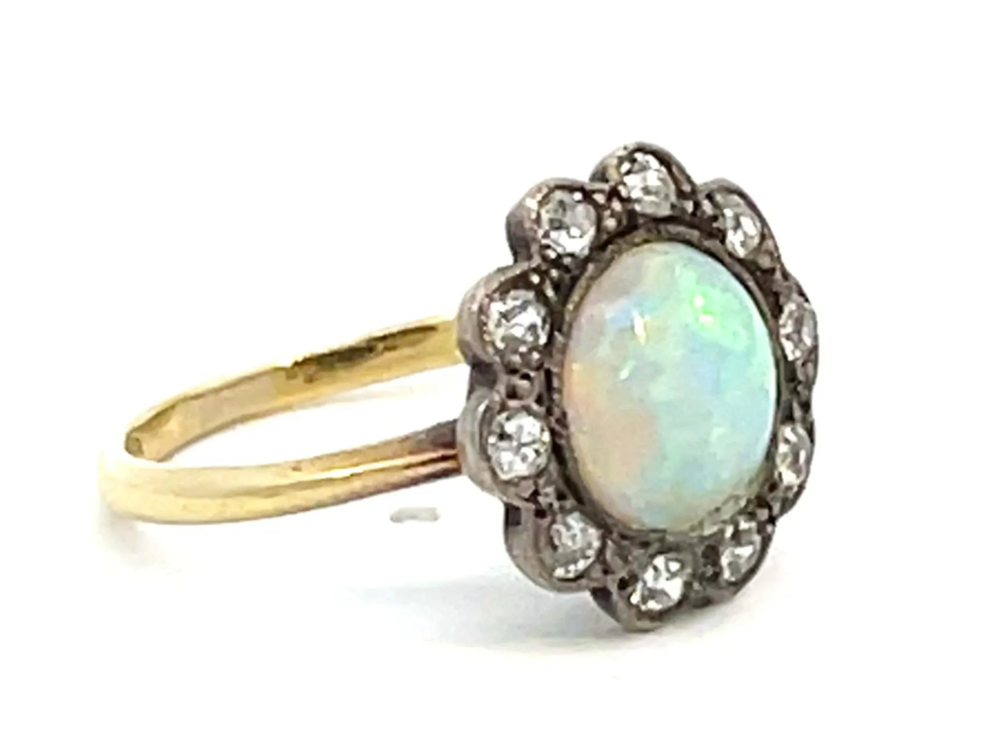 100 Year Old Antique Edwardian Era Opal and Diamond Flower Halo Ring