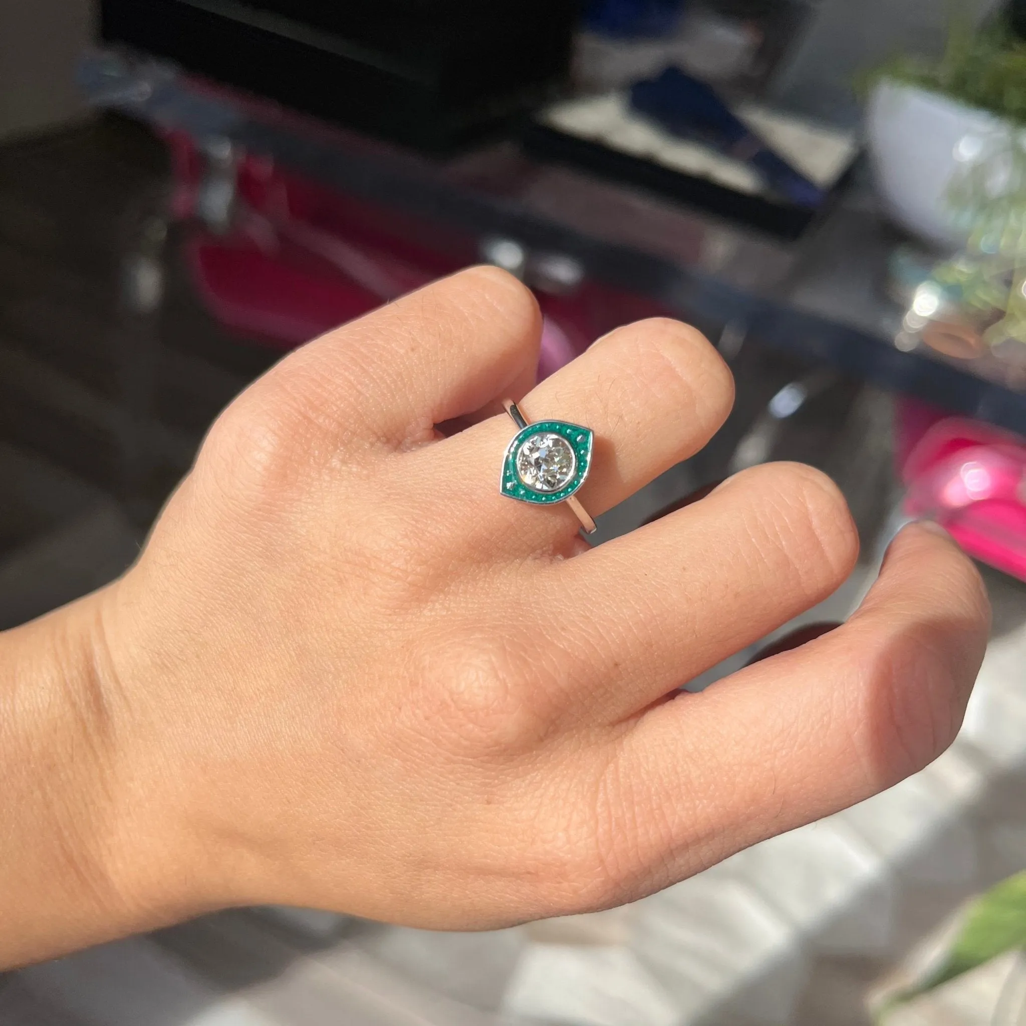 1.07ct Old European Cut Diamond & Enamel Target Ring, GIA L VS2