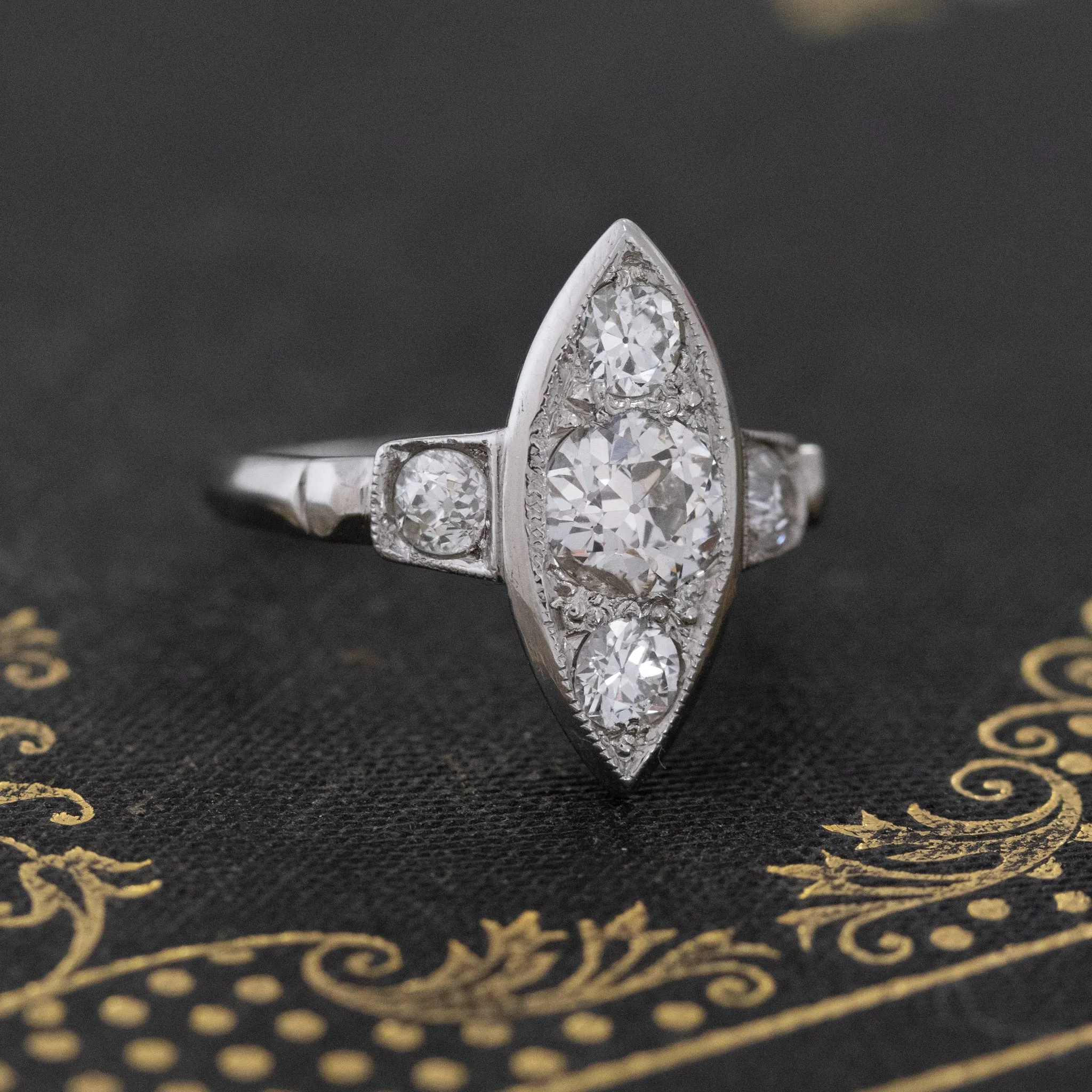 1.08ctw Vintage Old European Cut Navette Dinner Ring