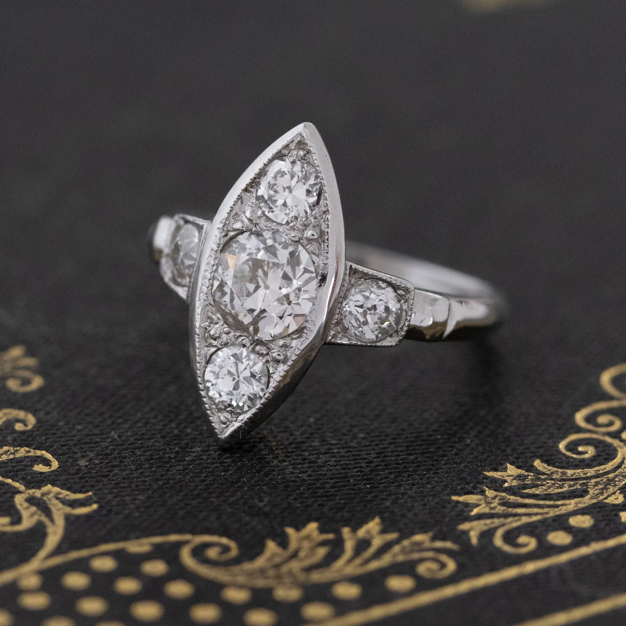 1.08ctw Vintage Old European Cut Navette Dinner Ring
