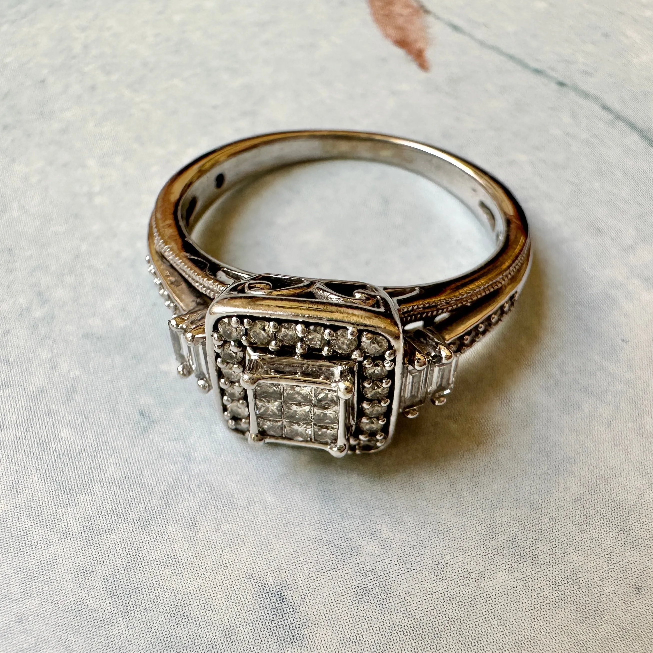10k White Gold and Diamond Ring with Hidden Sapphire