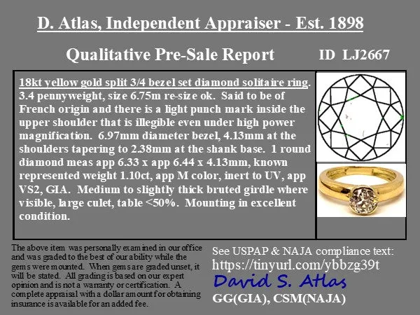 1.10ct Old European Cut Diamond Bezel Solitaire, French, GIA