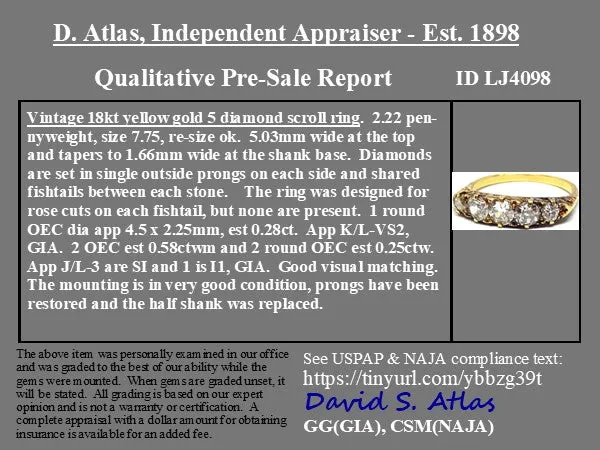 1.11ctw Vintage Old European Cut Diamond 5-Stone Graduated Band