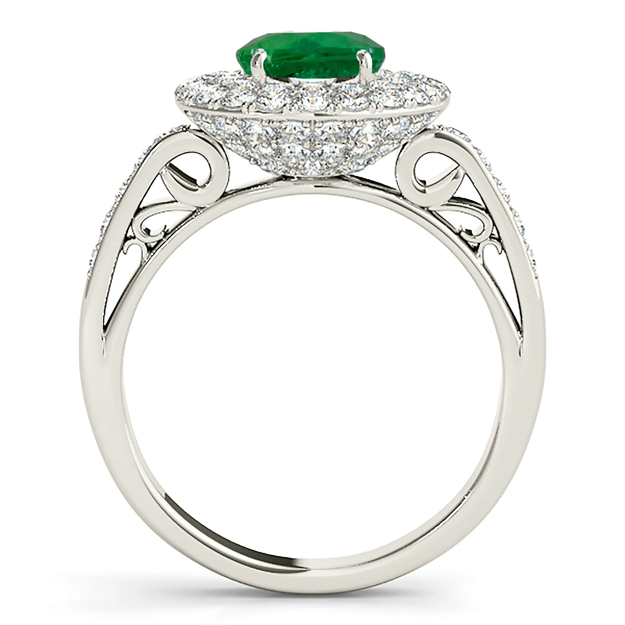 1.15 ct. Genuine Emerald Double Halo Ring With Under Halo and Side Diamonds