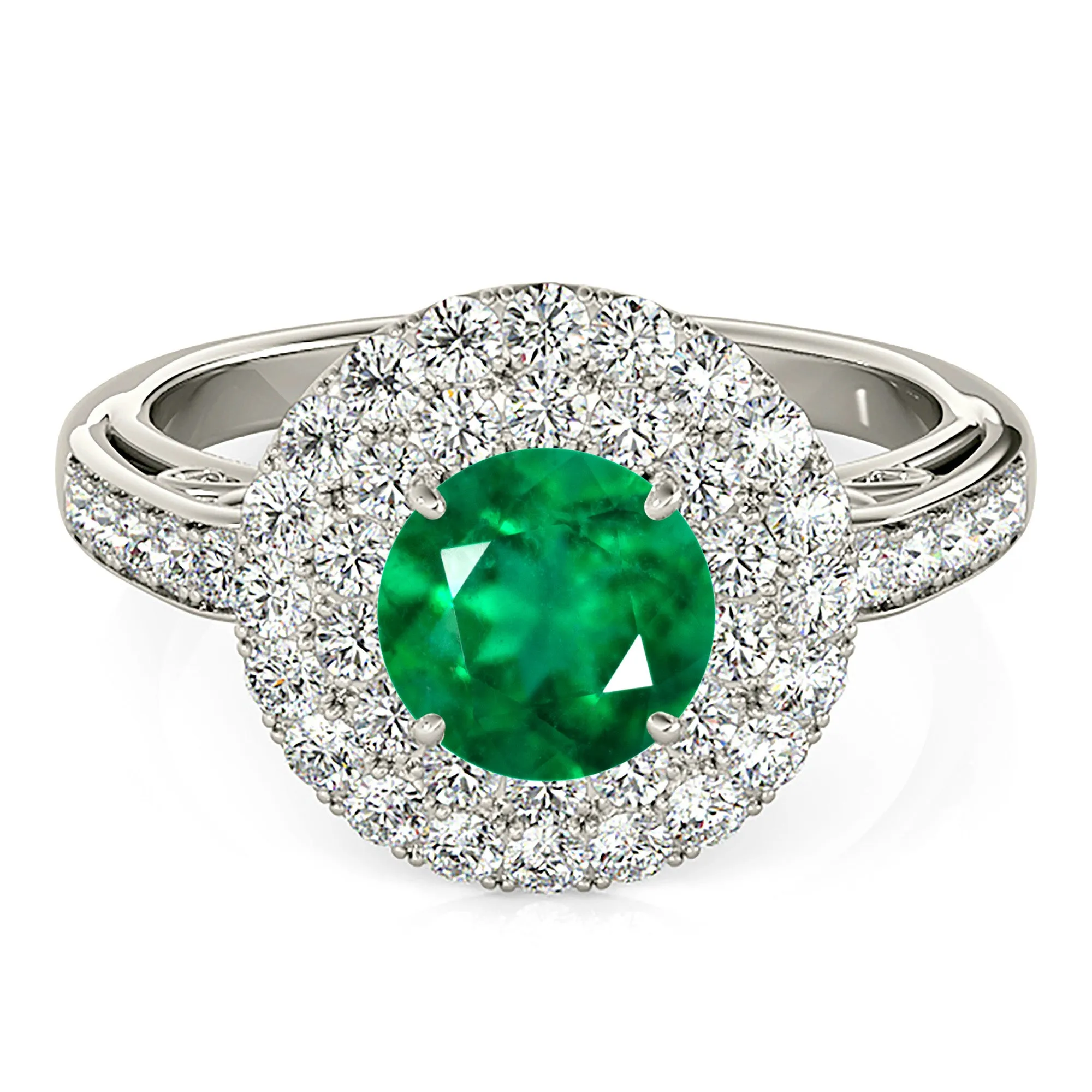 1.15 ct. Genuine Emerald Double Halo Ring With Under Halo and Side Diamonds