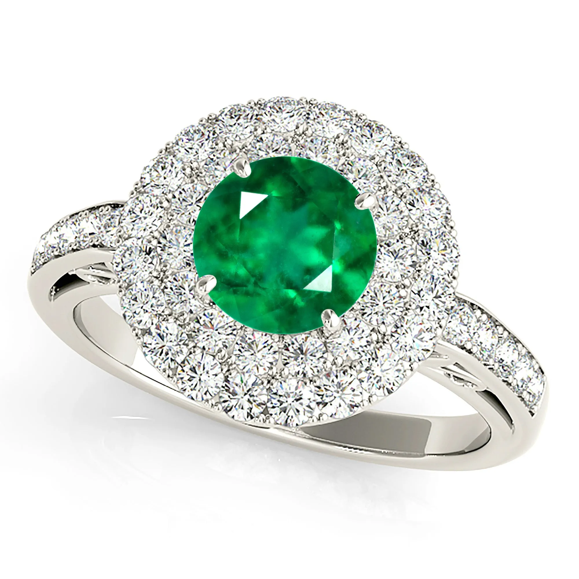 1.15 ct. Genuine Emerald Double Halo Ring With Under Halo and Side Diamonds