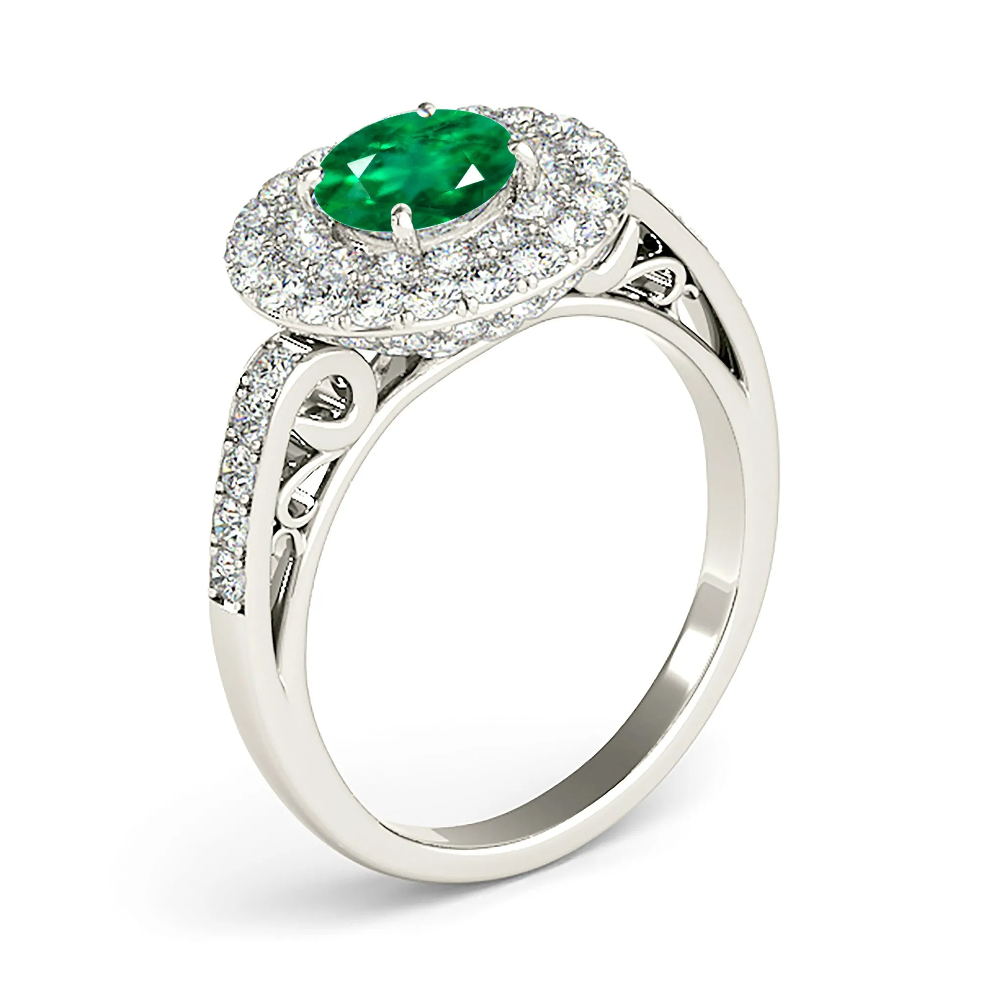 1.15 ct. Genuine Emerald Double Halo Ring With Under Halo and Side Diamonds