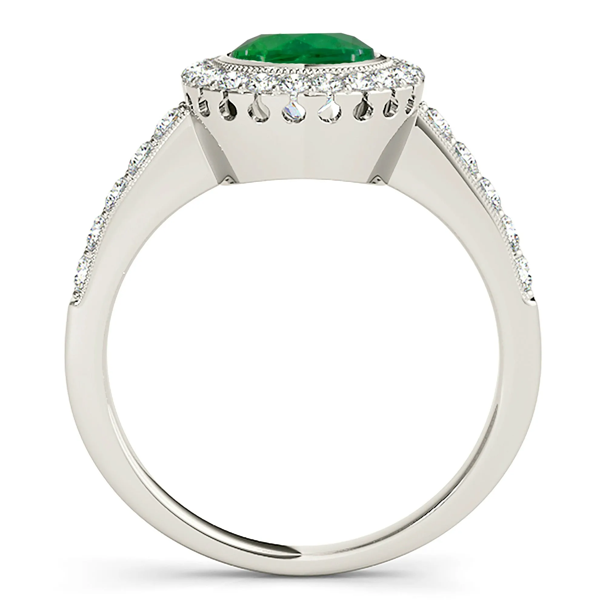 1.15 ct. Genuine Emerald Ring with Milgrain Halo And Simple Diamond Band