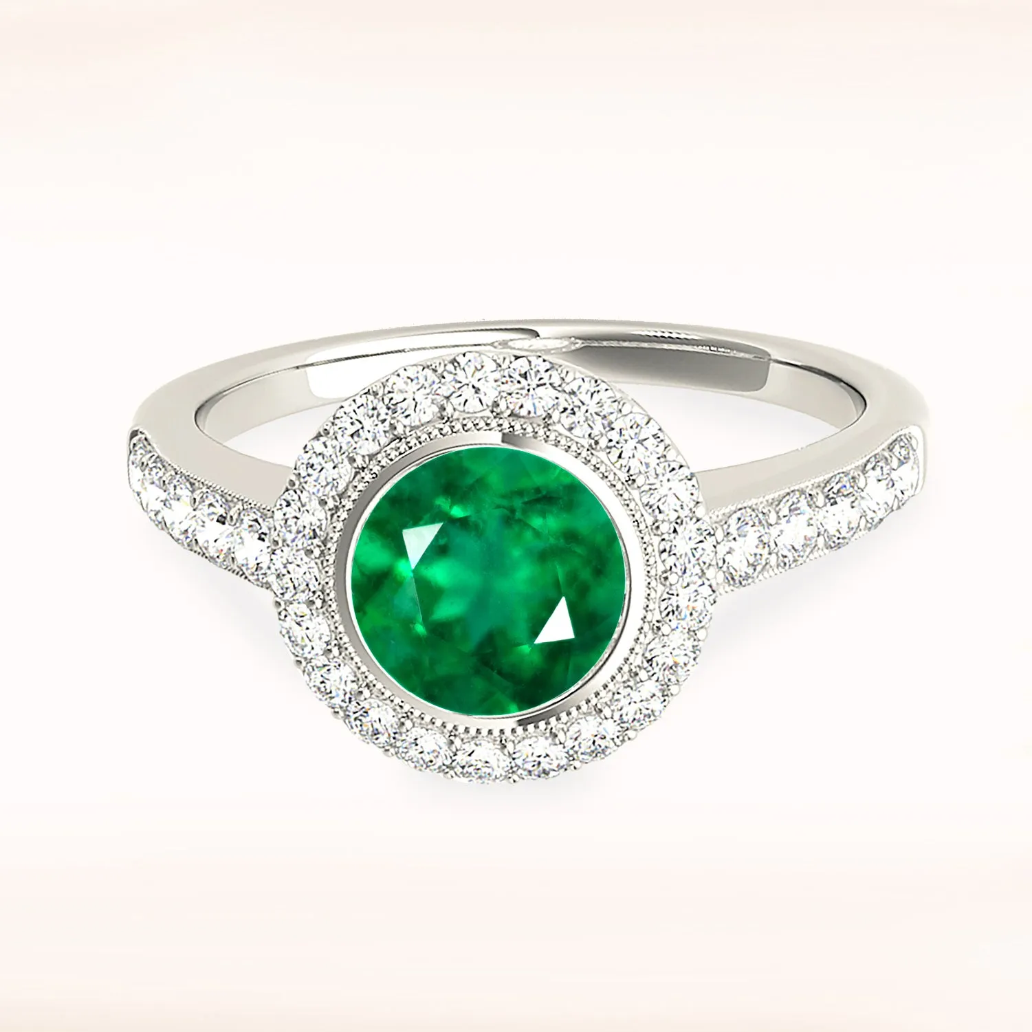 1.15 ct. Genuine Emerald Ring with Milgrain Halo And Simple Diamond Band