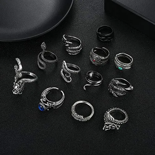 12Pcs Dragon Snake Vintage Punk Rings for Men
