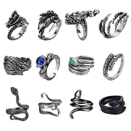 12Pcs Dragon Snake Vintage Punk Rings for Men