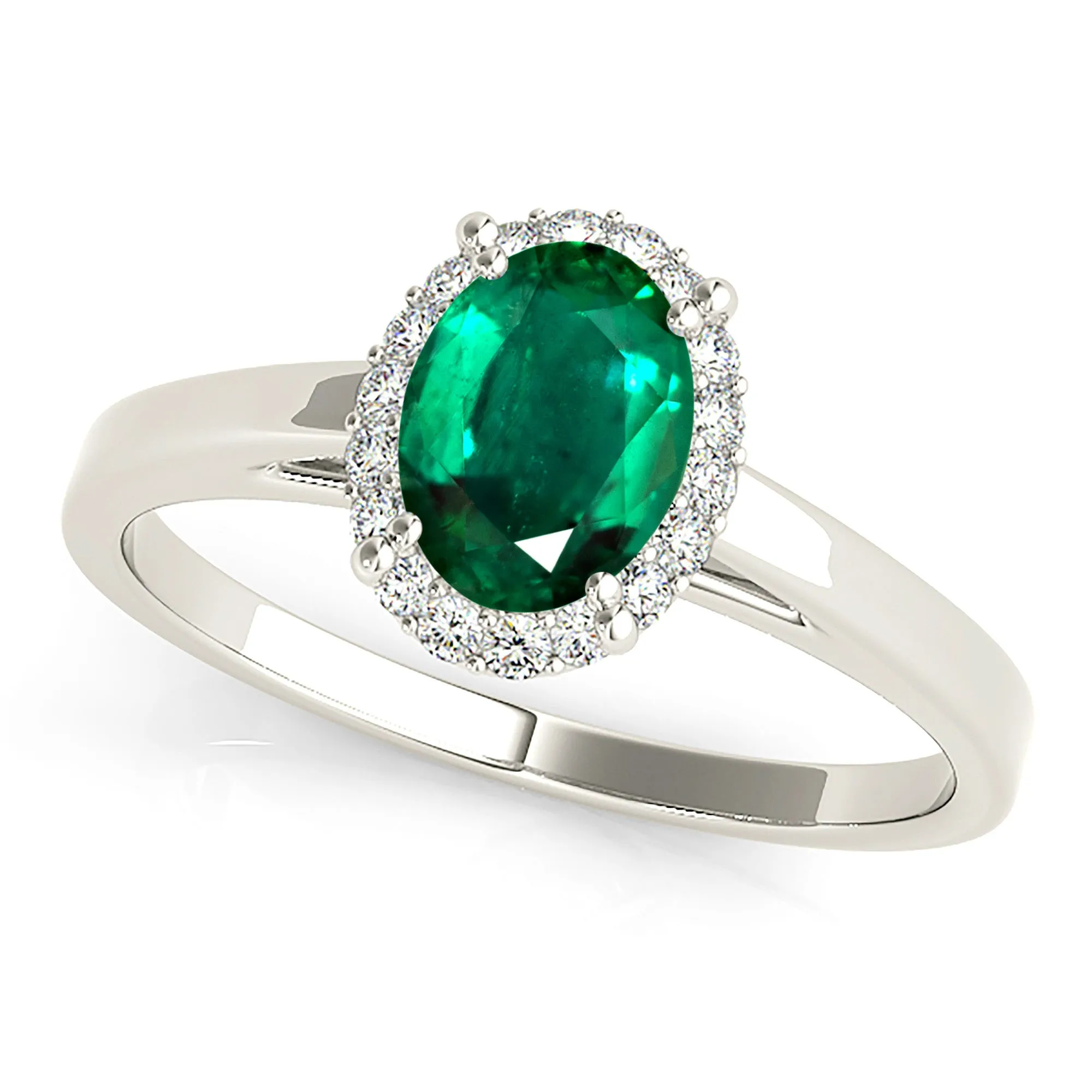 1.30 ct. Genuine Oval Emerald Ring With Halo,Plain Solitaire Band