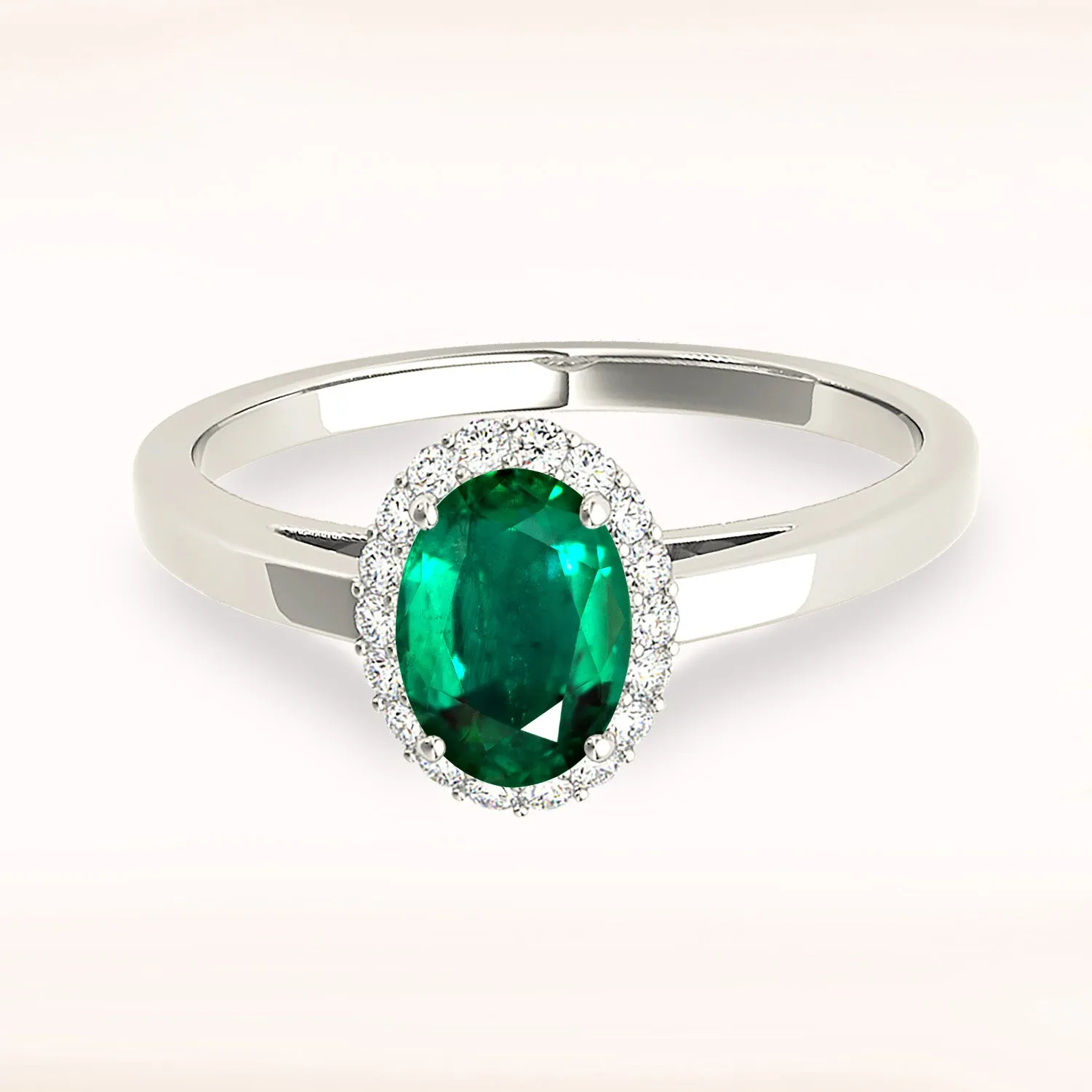 1.30 ct. Genuine Oval Emerald Ring With Halo,Plain Solitaire Band
