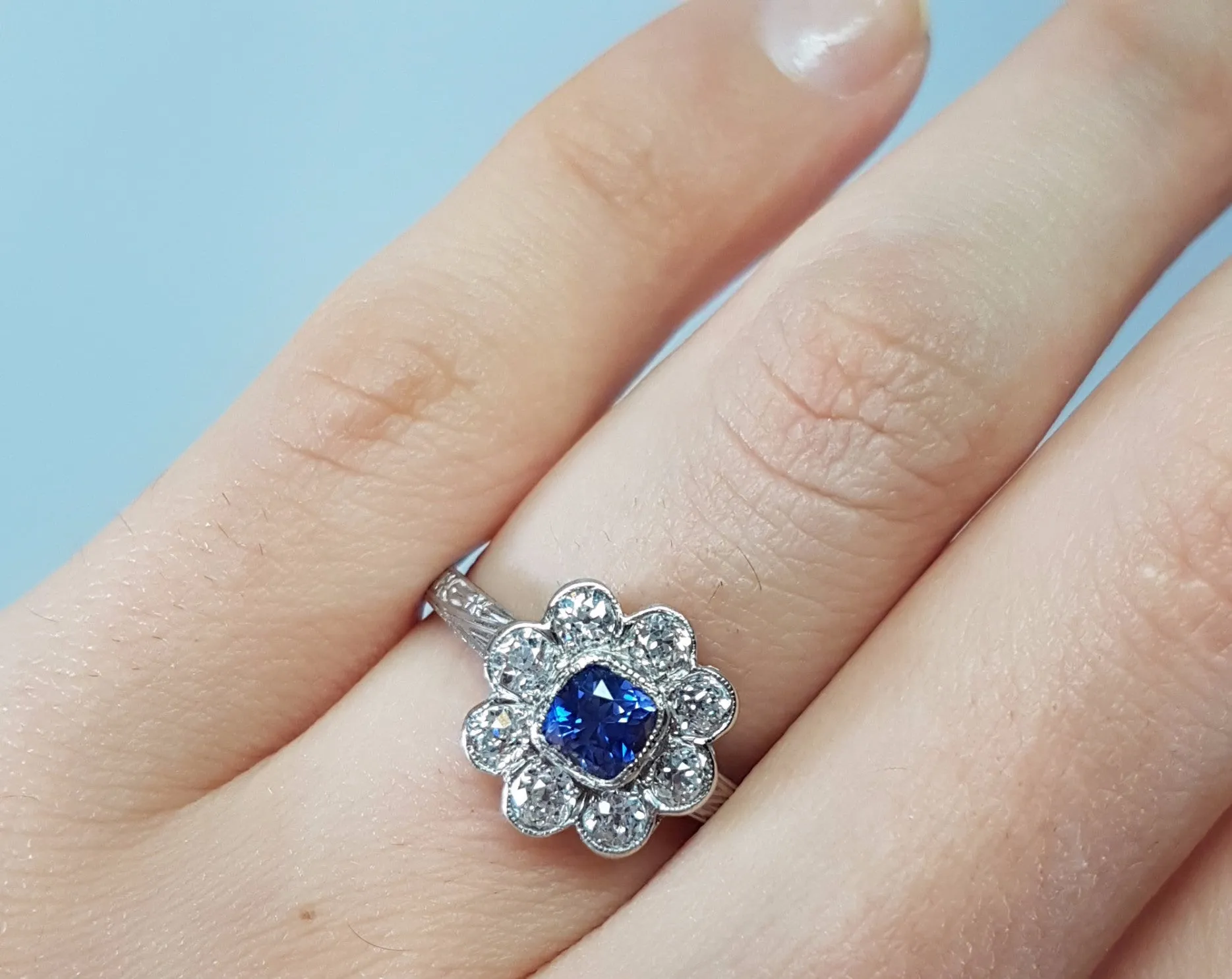 1.33CTW ANTIQUE NATURAL CEYLON SAPPHIRE AND OLD EUROPEAN CUT HALO RING
