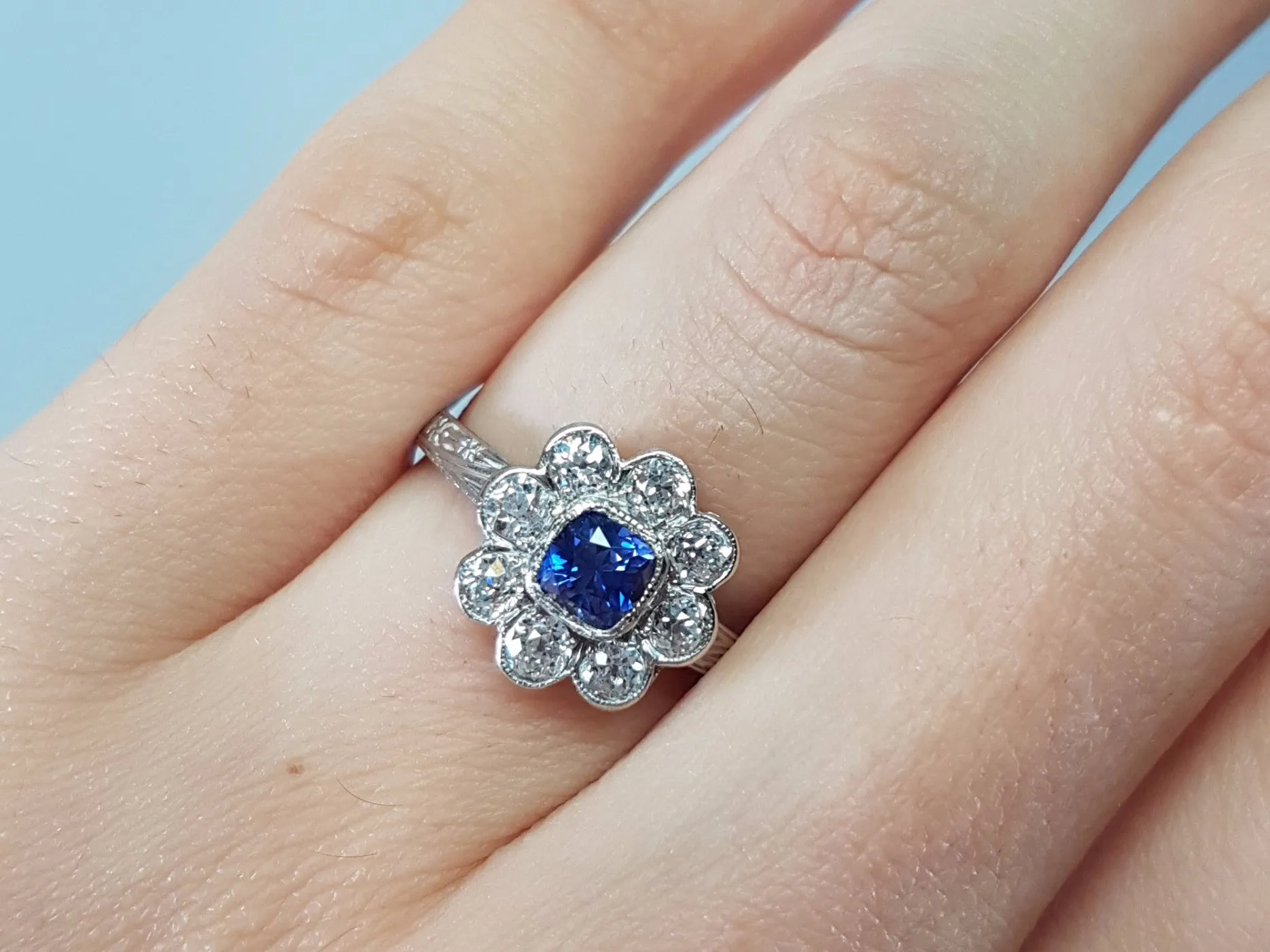 1.33CTW ANTIQUE NATURAL CEYLON SAPPHIRE AND OLD EUROPEAN CUT HALO RING