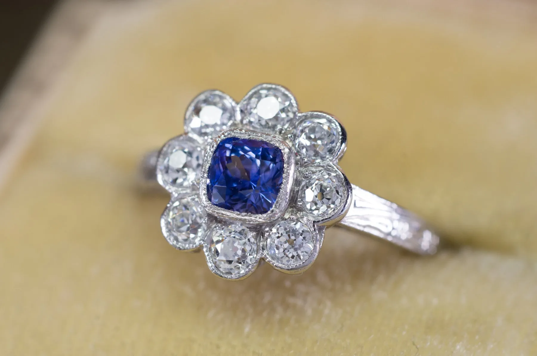 1.33CTW ANTIQUE NATURAL CEYLON SAPPHIRE AND OLD EUROPEAN CUT HALO RING
