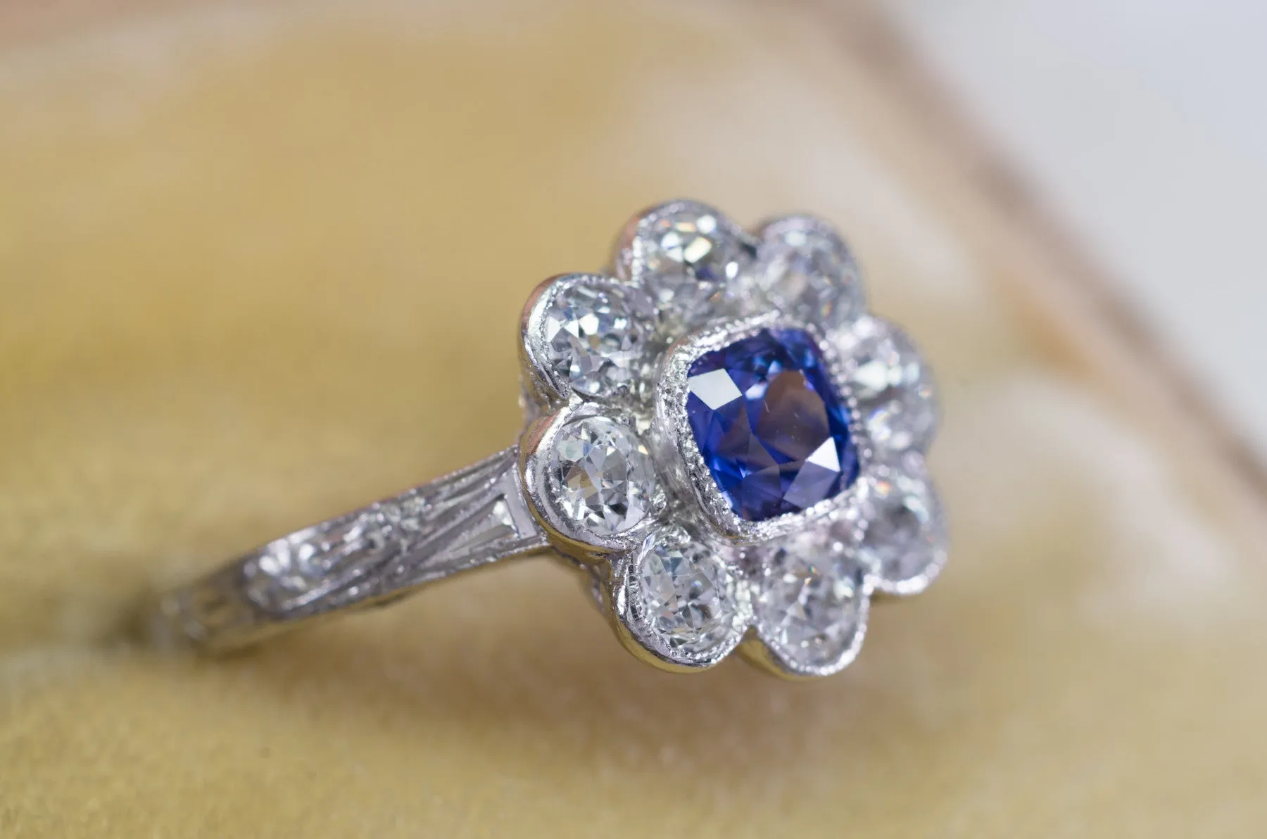 1.33CTW ANTIQUE NATURAL CEYLON SAPPHIRE AND OLD EUROPEAN CUT HALO RING