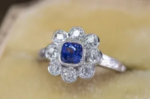 1.33CTW ANTIQUE NATURAL CEYLON SAPPHIRE AND OLD EUROPEAN CUT HALO RING