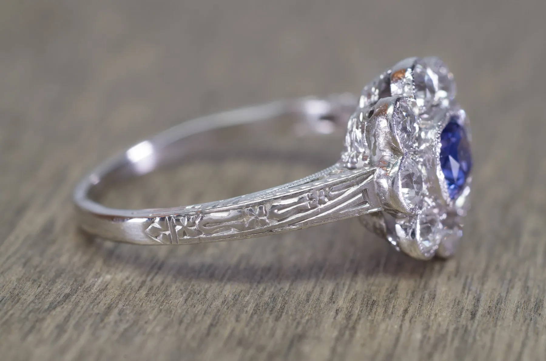 1.33CTW ANTIQUE NATURAL CEYLON SAPPHIRE AND OLD EUROPEAN CUT HALO RING