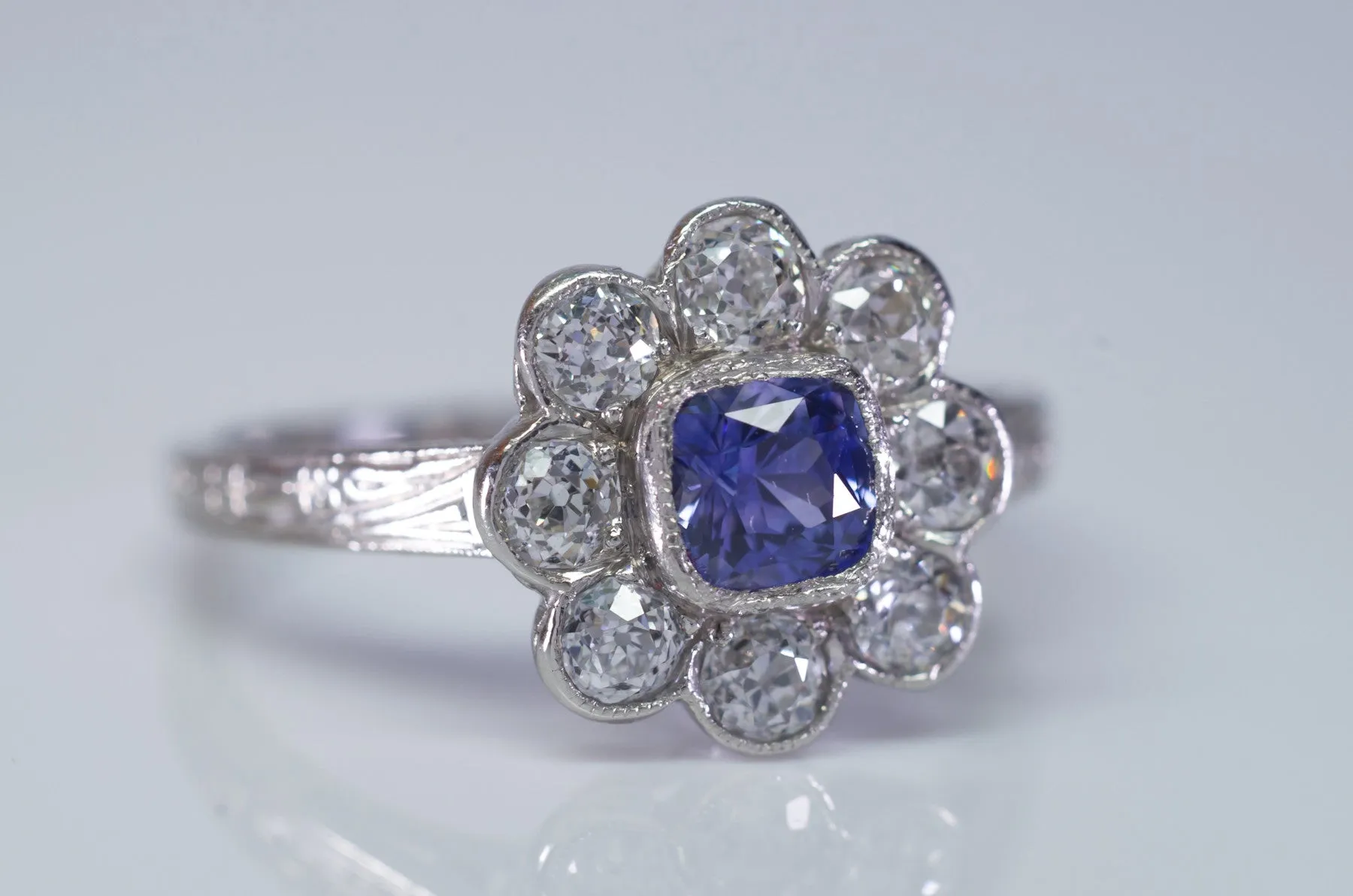 1.33CTW ANTIQUE NATURAL CEYLON SAPPHIRE AND OLD EUROPEAN CUT HALO RING