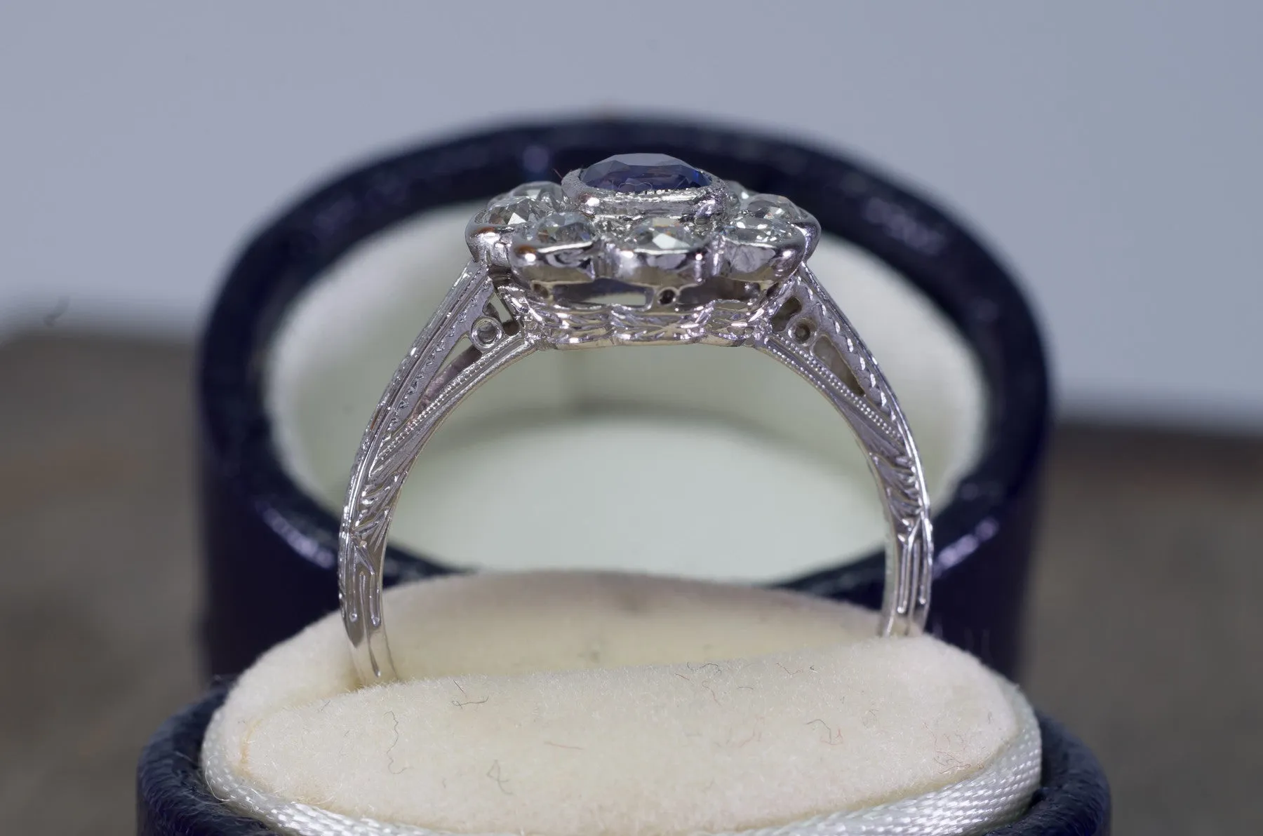 1.33CTW ANTIQUE NATURAL CEYLON SAPPHIRE AND OLD EUROPEAN CUT HALO RING