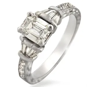 1.43ct Total Weight Emerald-cut Center Diamond Engagement Ring, 18k White Gold