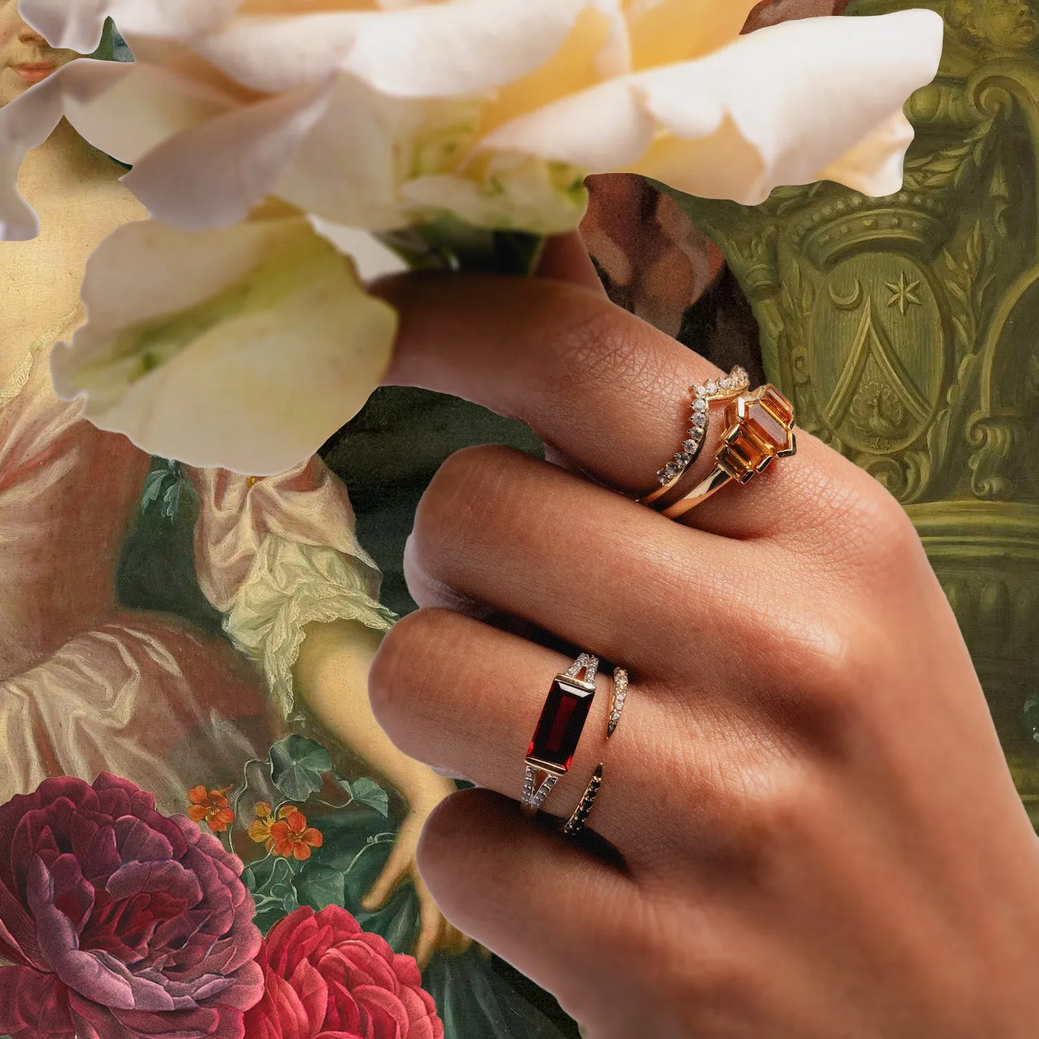 14k Gilded Garnet East West Baguette Ring