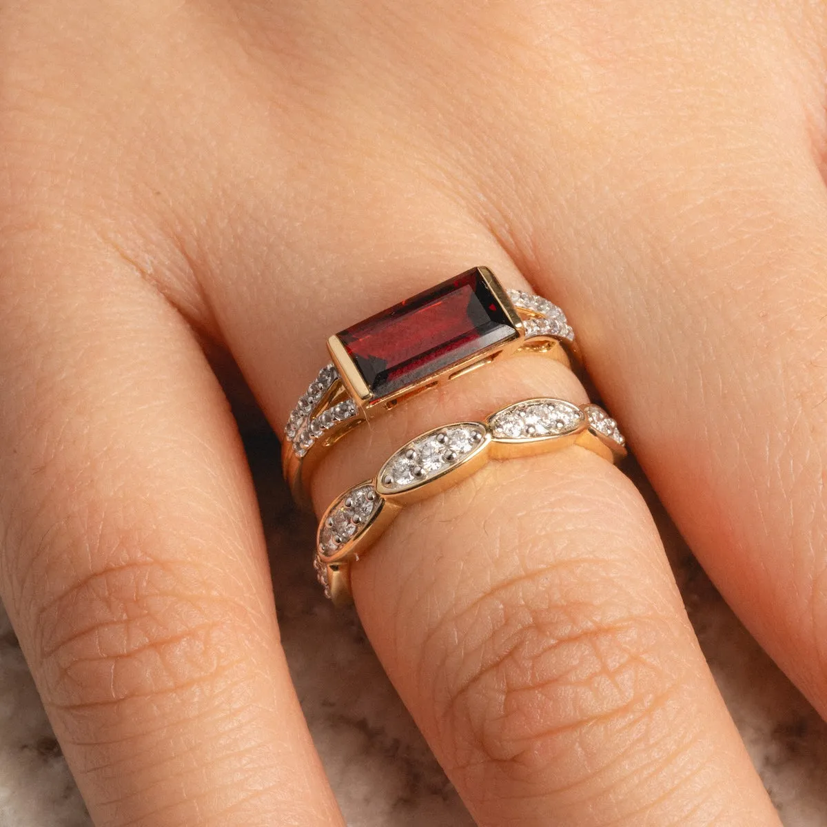 14k Gilded Garnet East West Baguette Ring