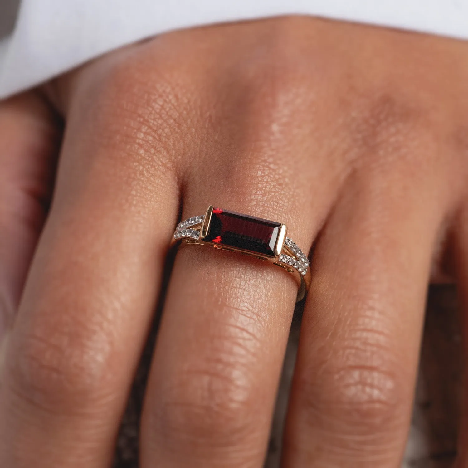 14k Gilded Garnet East West Baguette Ring