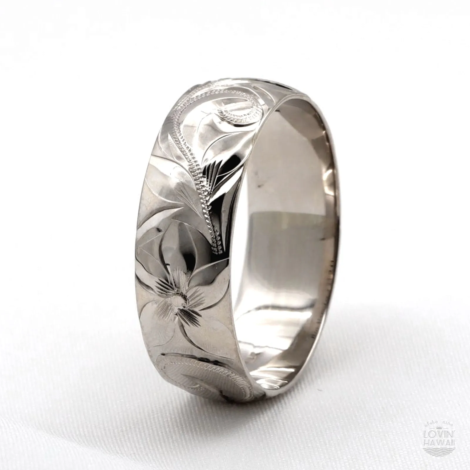 14K Gold Hawaii Wedding Ring, Hand Engraved with Hawaiian Heritage Design, (8mm width, Dome Style)