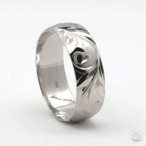 14K Gold Hawaii Wedding Ring, Hand Engraved with Hawaiian Heritage Design, (8mm width, Dome Style)