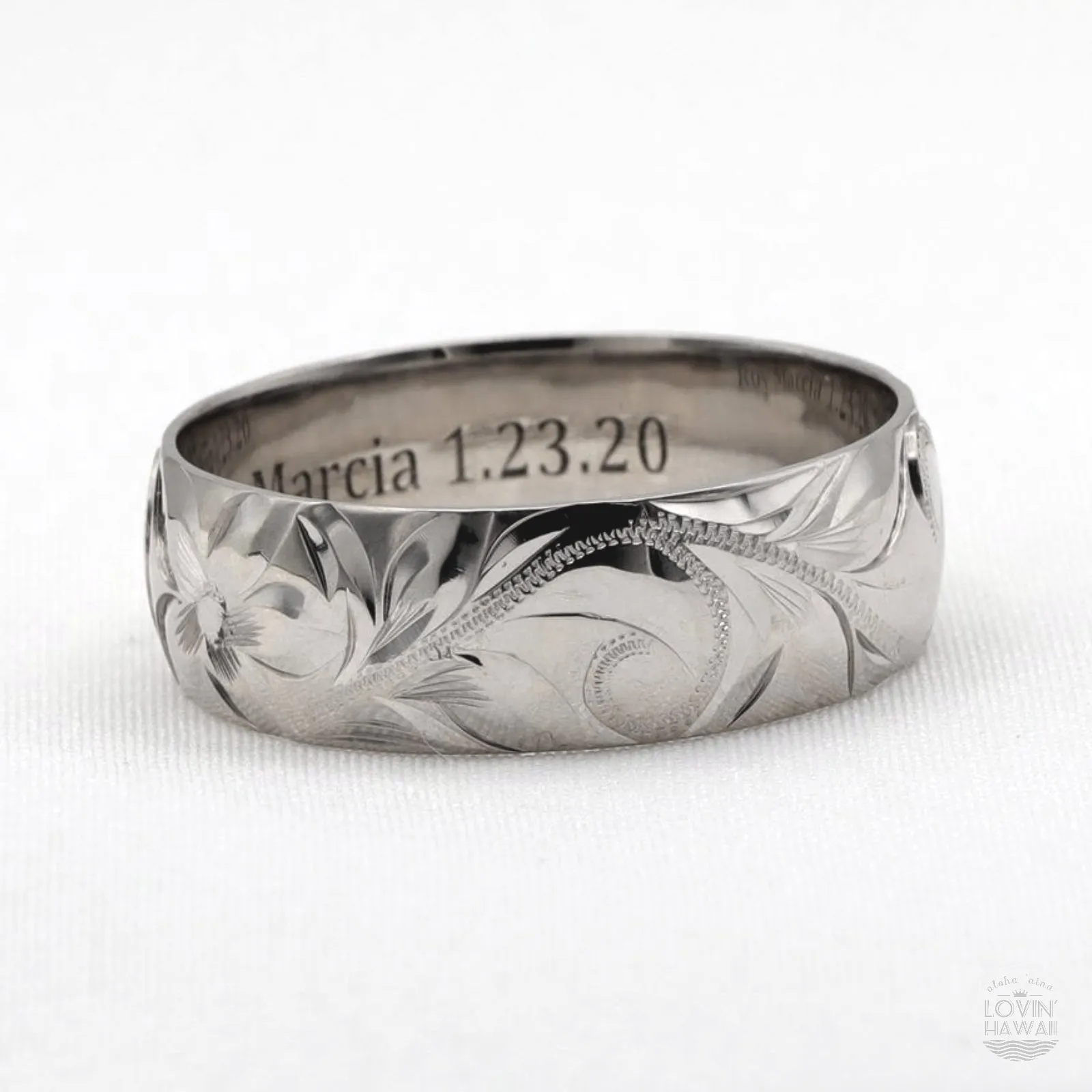 14K Gold Hawaii Wedding Ring, Hand Engraved with Hawaiian Heritage Design, (8mm width, Dome Style)