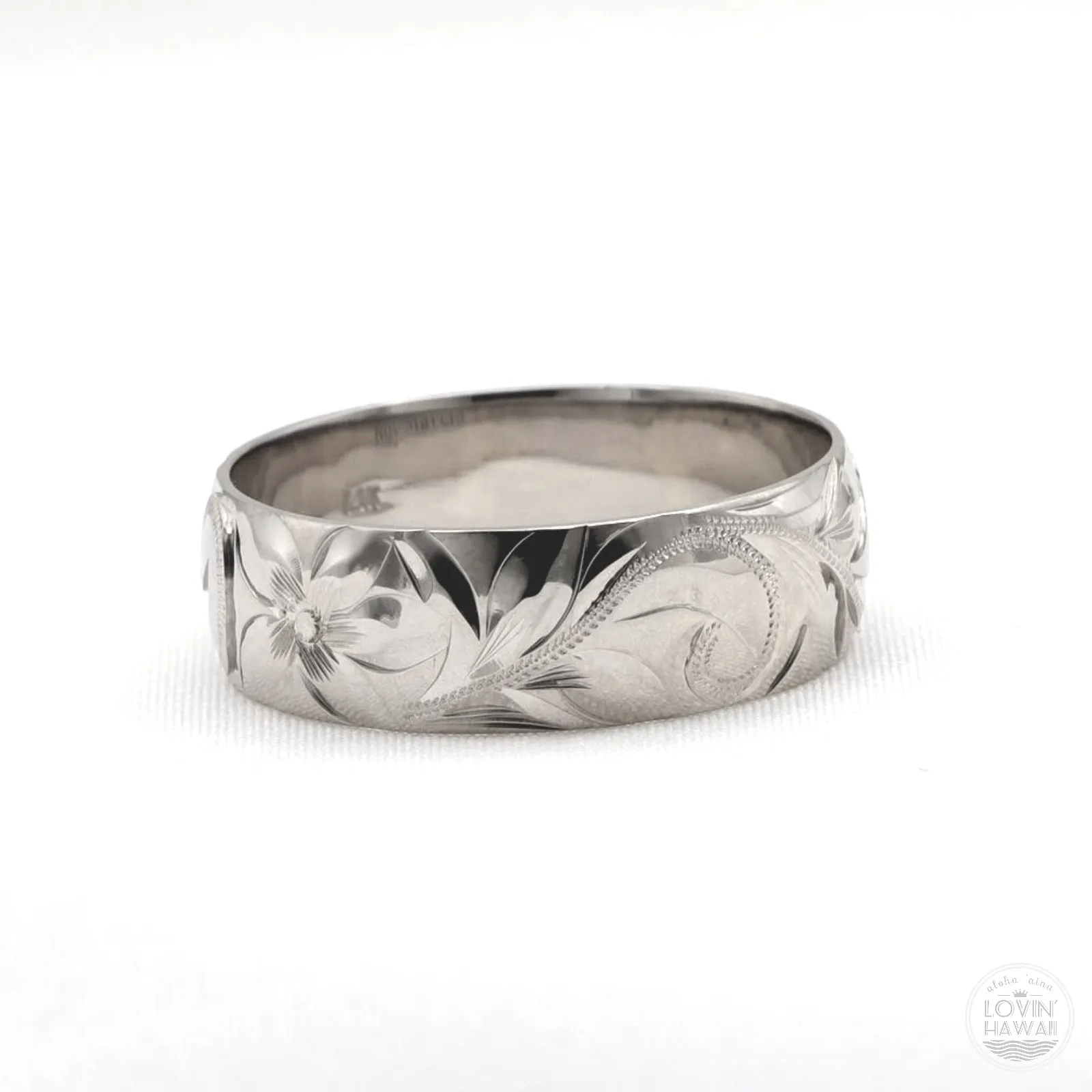 14K Gold Hawaii Wedding Ring, Hand Engraved with Hawaiian Heritage Design, (8mm width, Dome Style)