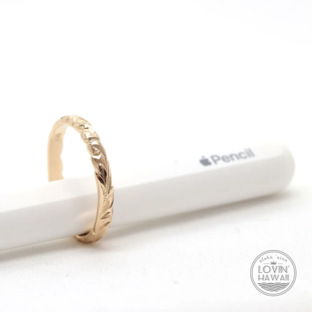 14K Gold Hawaiian Jewelry Ring, Engraved With Hawaiian Heritage Design, (3MM WIDTH)