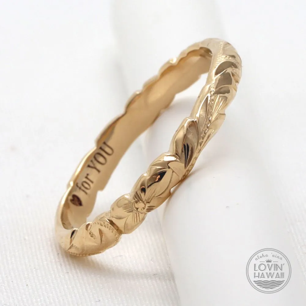 14K Gold Hawaiian Jewelry Ring, Engraved With Hawaiian Heritage Design, (3MM WIDTH)