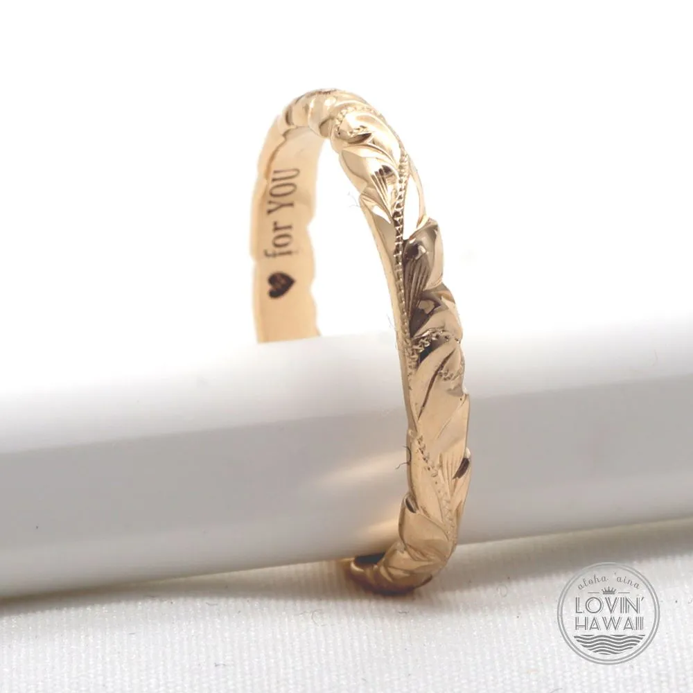 14K Gold Hawaiian Jewelry Ring, Engraved With Hawaiian Heritage Design, (3MM WIDTH)