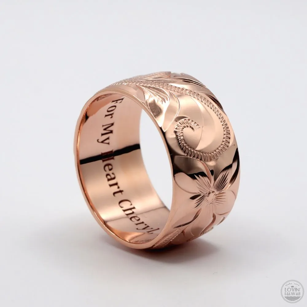 14K Gold Hawaiian Jewelry Rings, Engraved With Hawaiian Heritage Design, (10MM WIDTH)