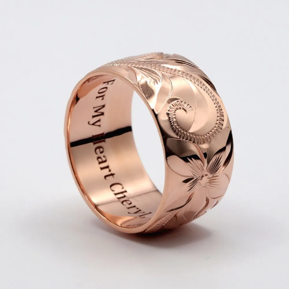 14K Gold Hawaiian Jewelry Rings, Engraved With Hawaiian Heritage Design, (10MM WIDTH)